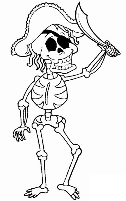 Dibujo de Esqueleto Pirata Divertido Con Espada para Colorear y Imprimir