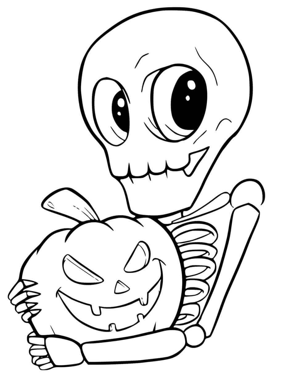 Dibujo de Esqueleto Sosteniendo Calabaza para Colorear y Imprimir