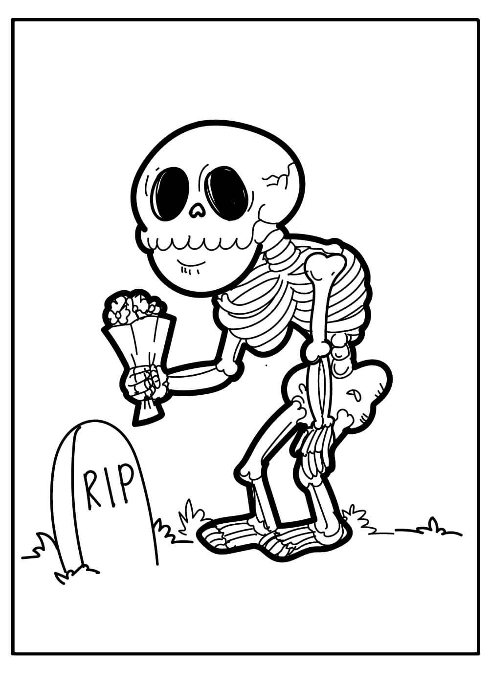 Dibujo de Esqueleto Sosteniendo Ramo Con Lapida para Colorear y Imprimir