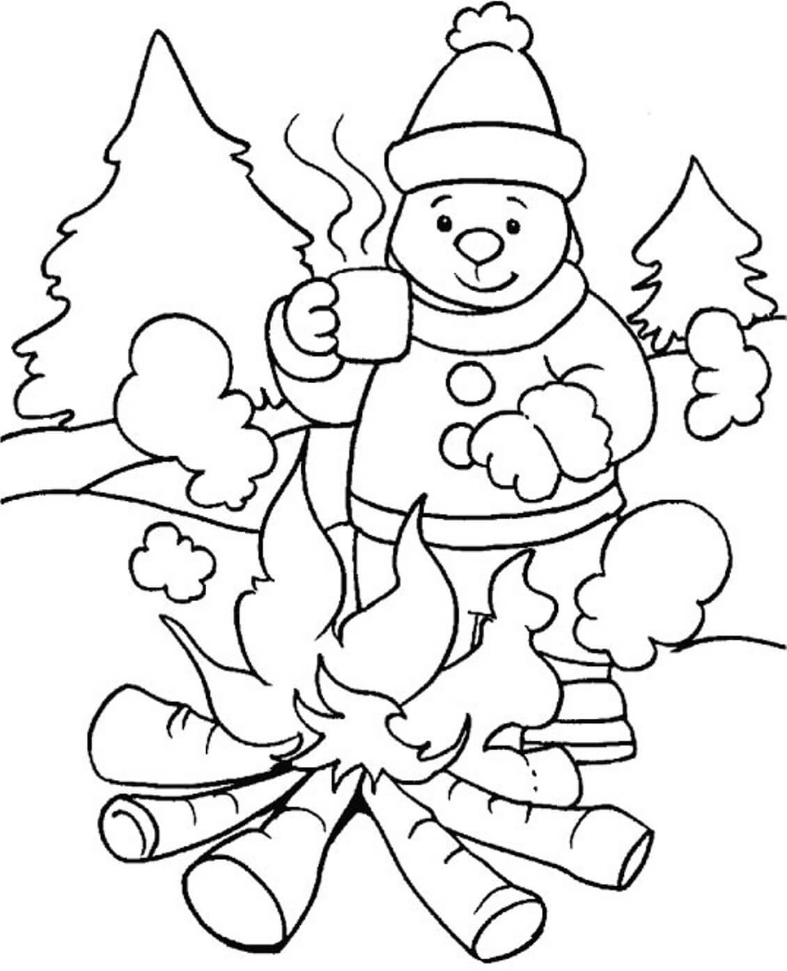 dibujos campamento de hombre y bombero en invierno para colorear