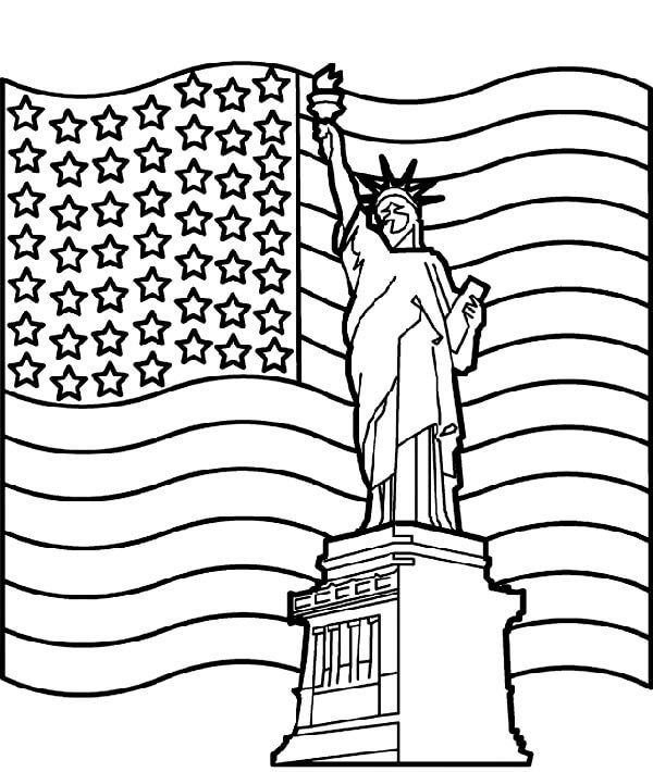 Dibujo de Estatua de La Libertad Con Bandera para Colorear y Imprimir