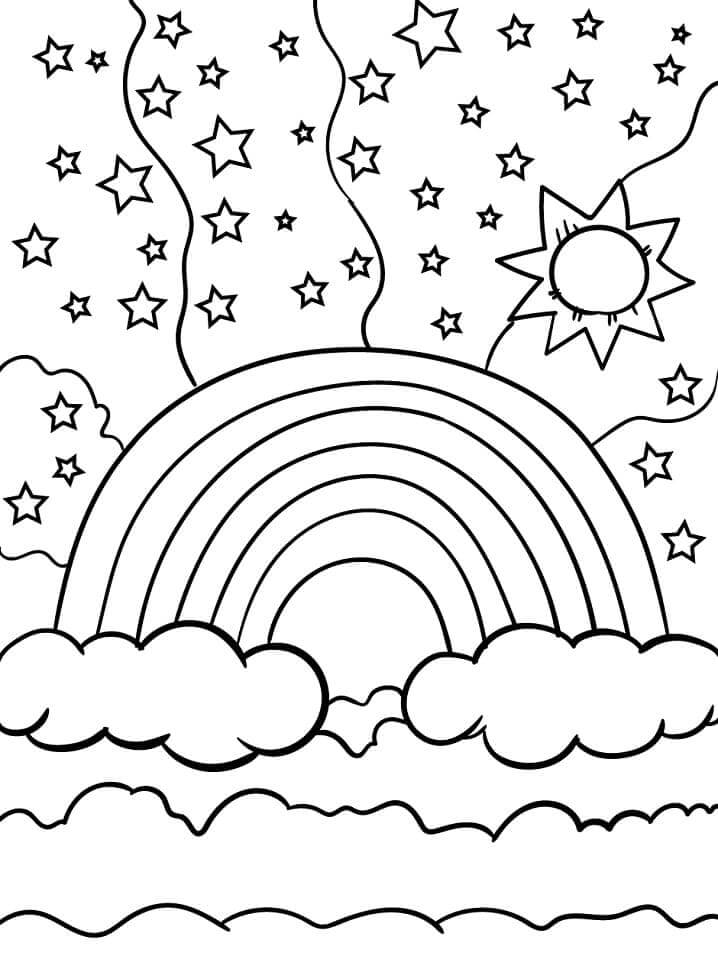 Dibujo de Arcoíris Con Sol y Estrellas para Colorear y Imprimir