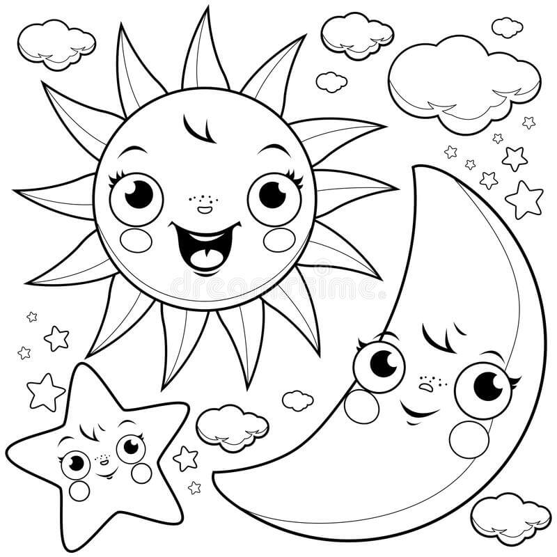 Dibujo de Dibujos Animados Sol y Luna Con Estrellas para Colorear y Imprimir
