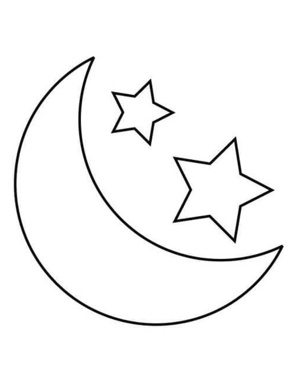 Dibujo de Luna y dos Estrellas para Colorear y Imprimir