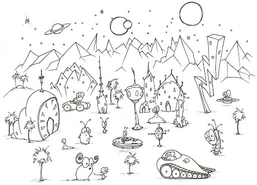 Dibujo de Algunos Extraterrestres En Un Planeta Alienígena para Colorear y Imprimir