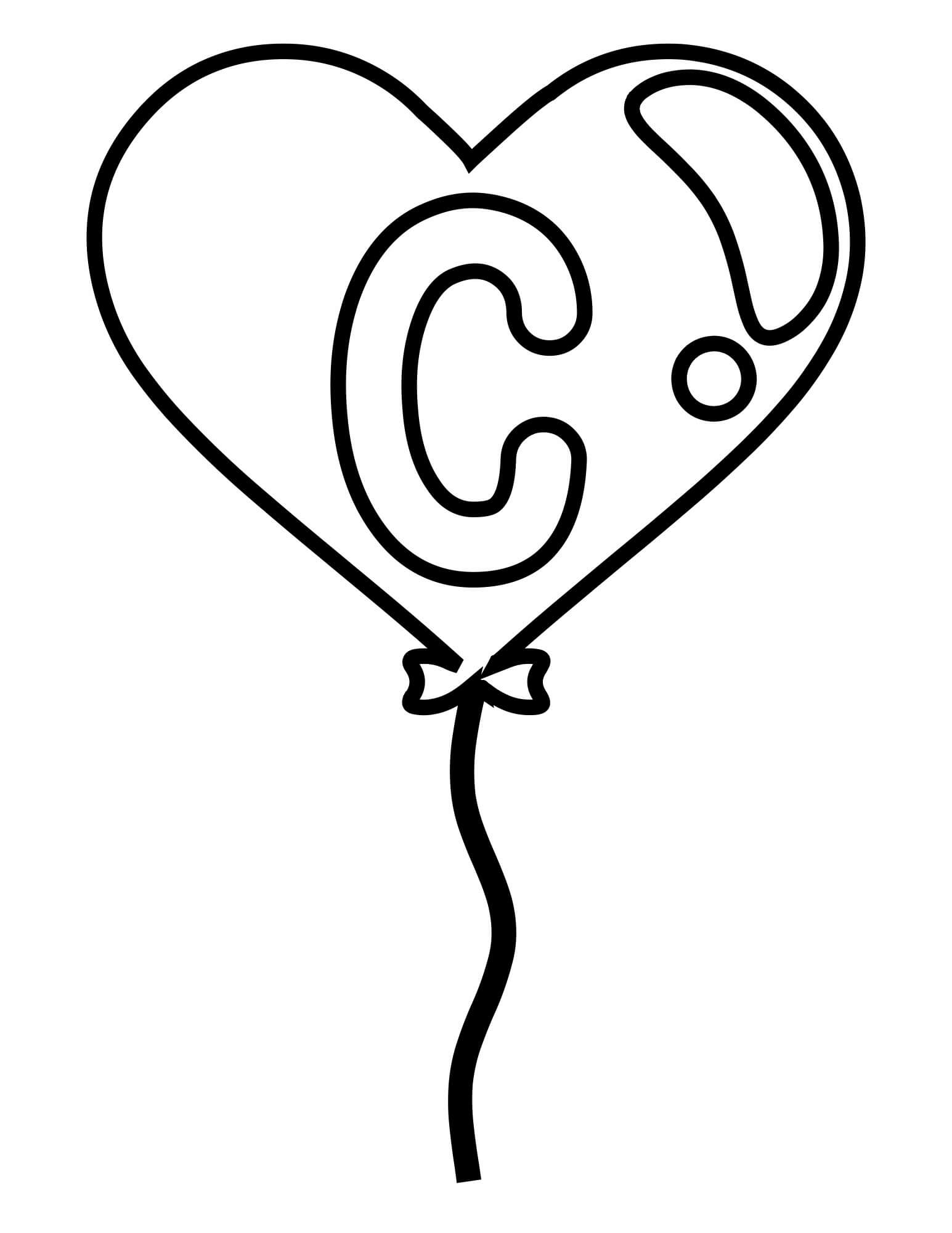 Dibujo de Letra C Fácil En Globo de Corazón para Colorear y Imprimir
