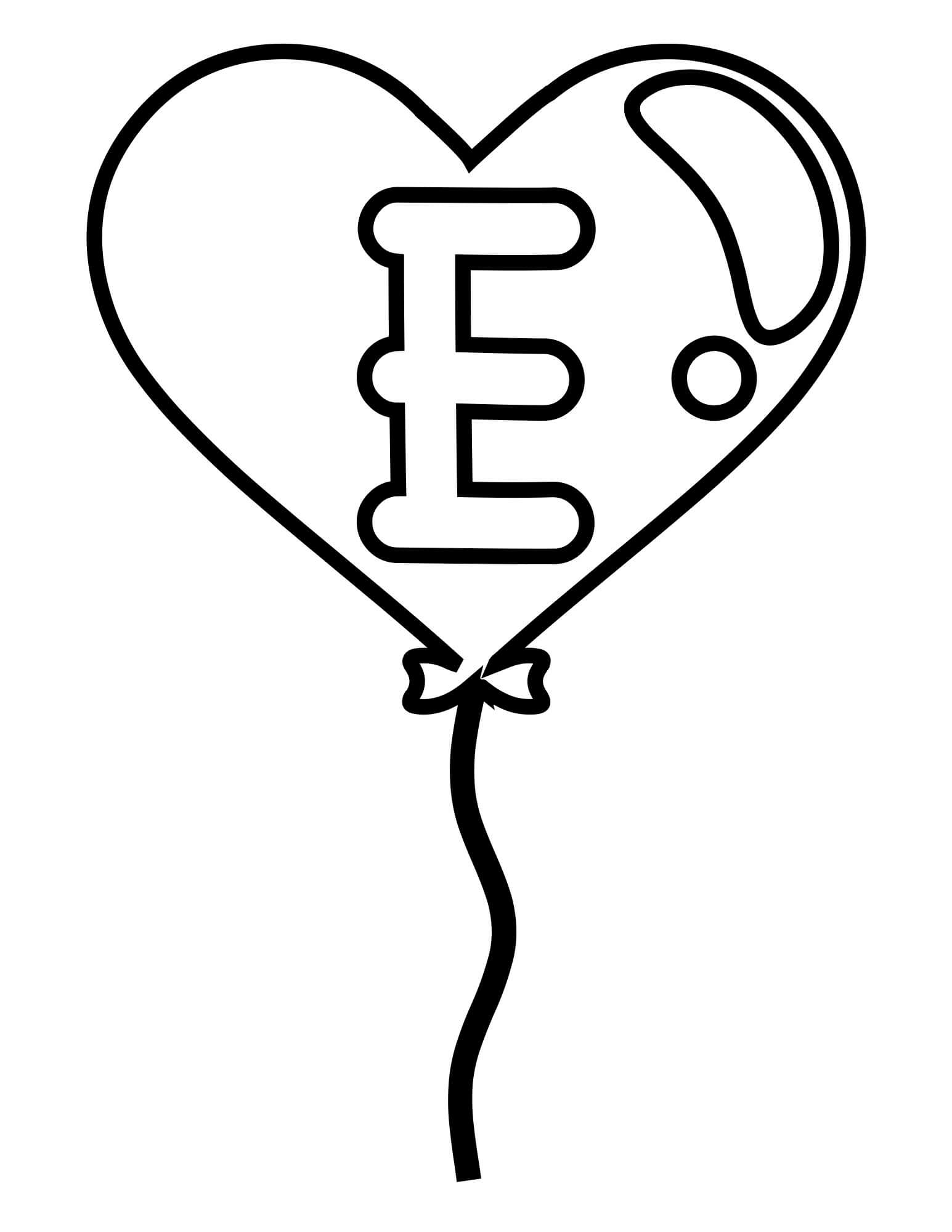 Dibujo de Letra e Fácil En Globo de Corazón para Colorear y Imprimir