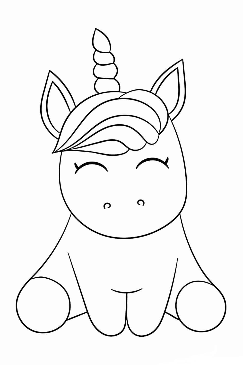 Dibujo de Unicornio Fácil Sentado para Colorear y Imprimir