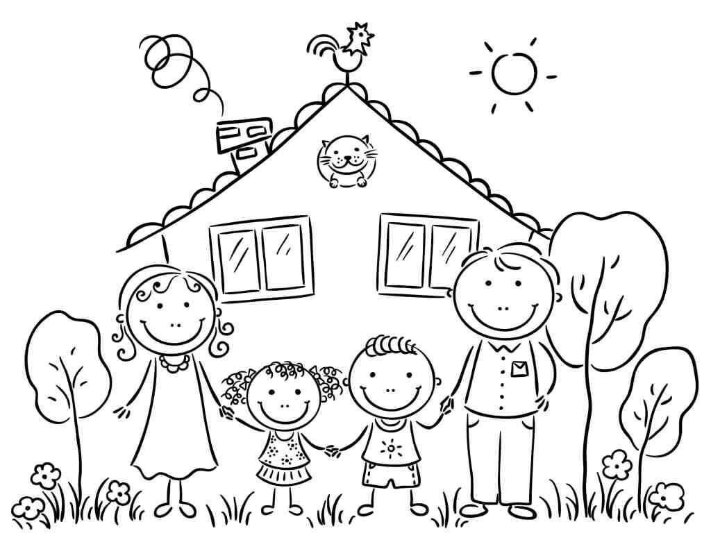 Dibujo de Familia Con Casa para Colorear y Imprimir