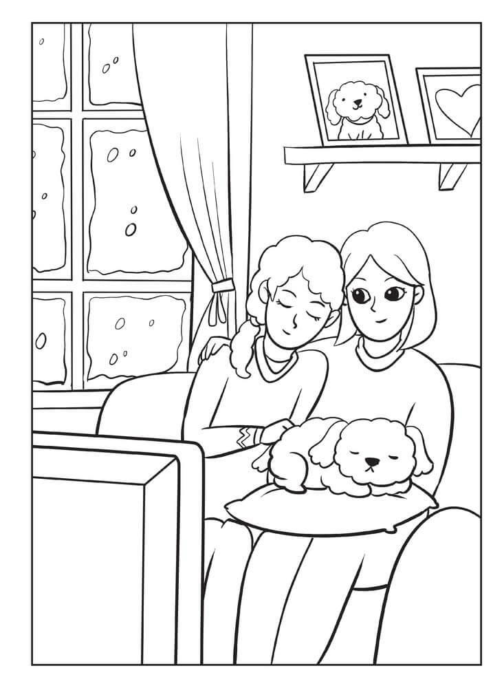 Dibujo de Familia Con Perro para Colorear y Imprimir