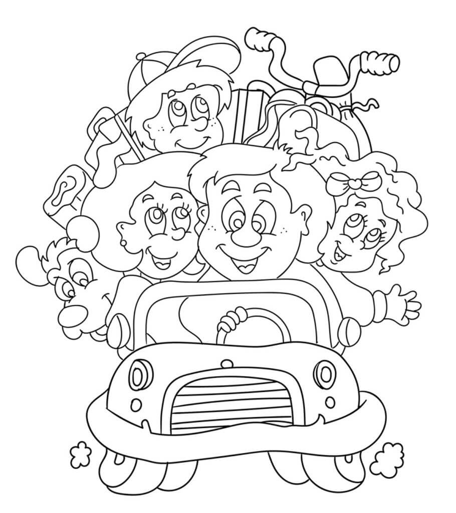 Dibujo de Familia Divertido En Coche para Colorear y Imprimir