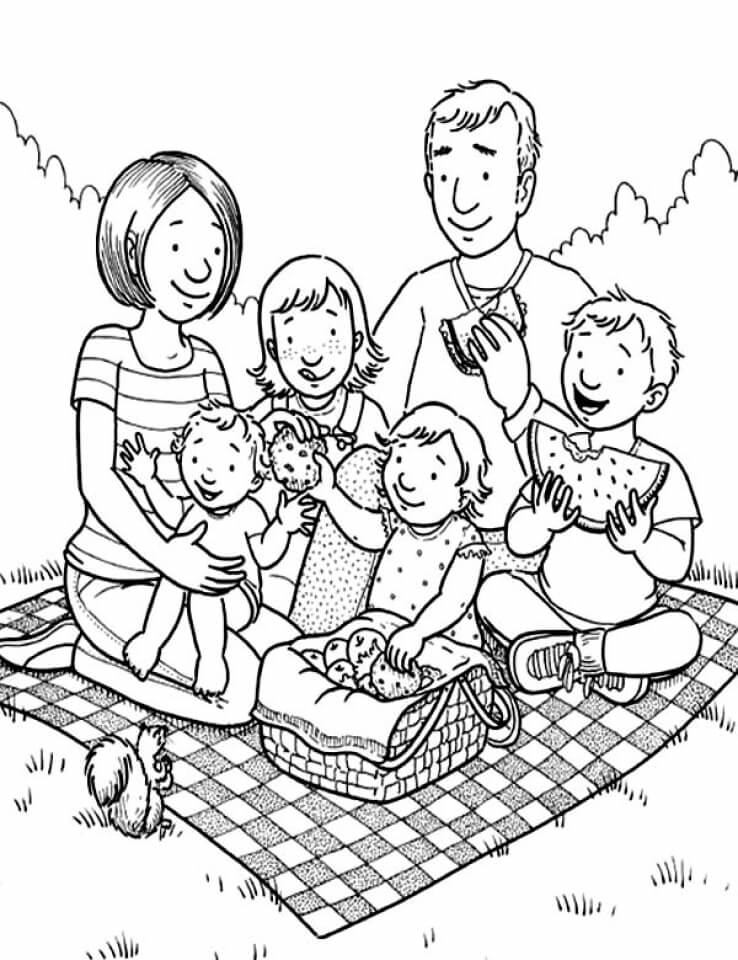 Dibujo de Familia Ir a Picnic para Colorear y Imprimir