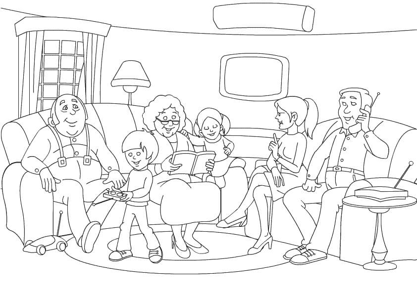 Dibujo de Gran Familia En Casa para Colorear y Imprimir