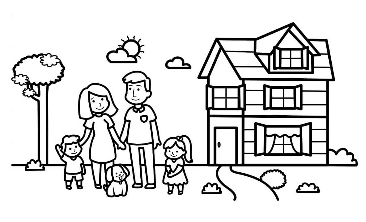 Dibujo de Lindo Familia Con Casa para Colorear y Imprimir