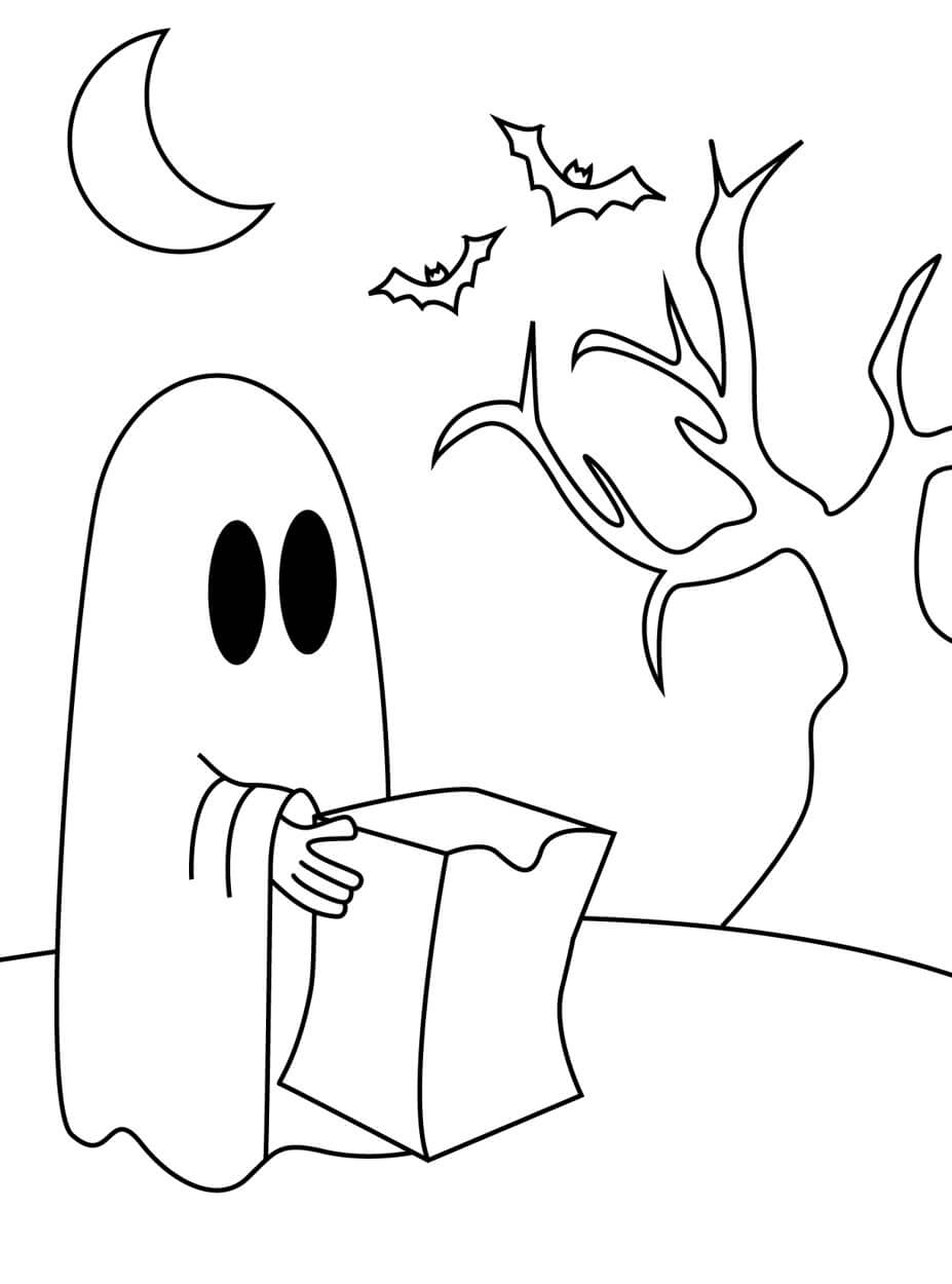 Dibujo de Fantasma Con Caja de Regalo para Colorear y Imprimir