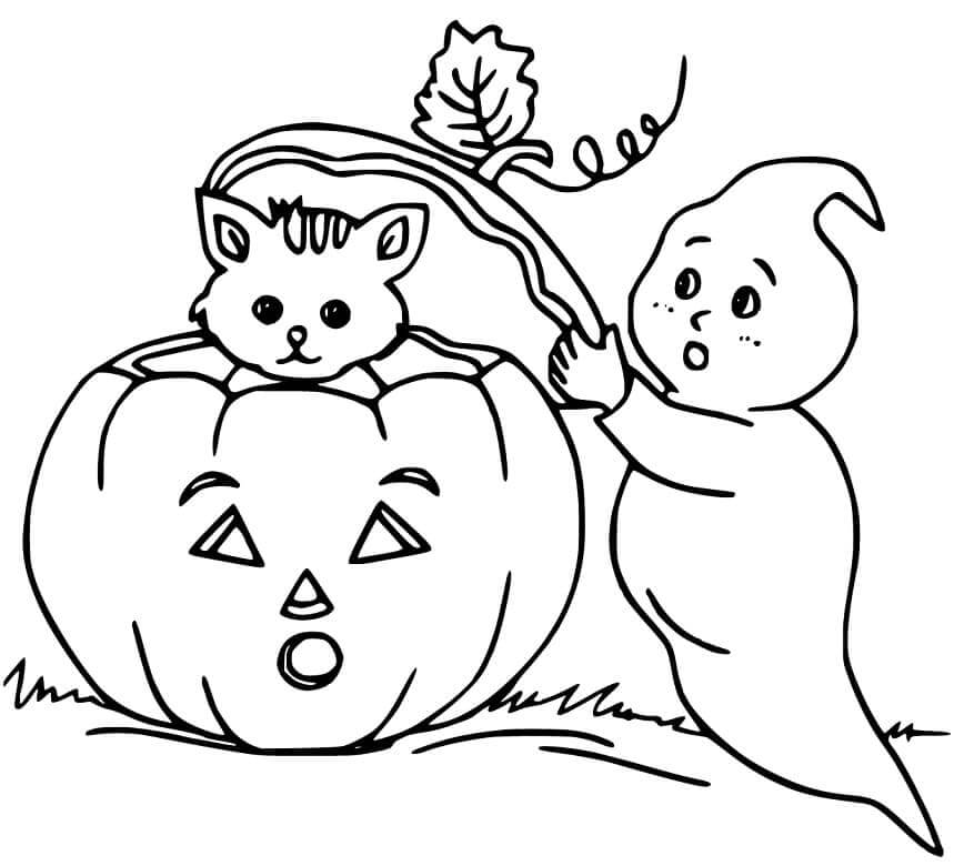 Dibujo de Fantasma Con Gato para Colorear y Imprimir