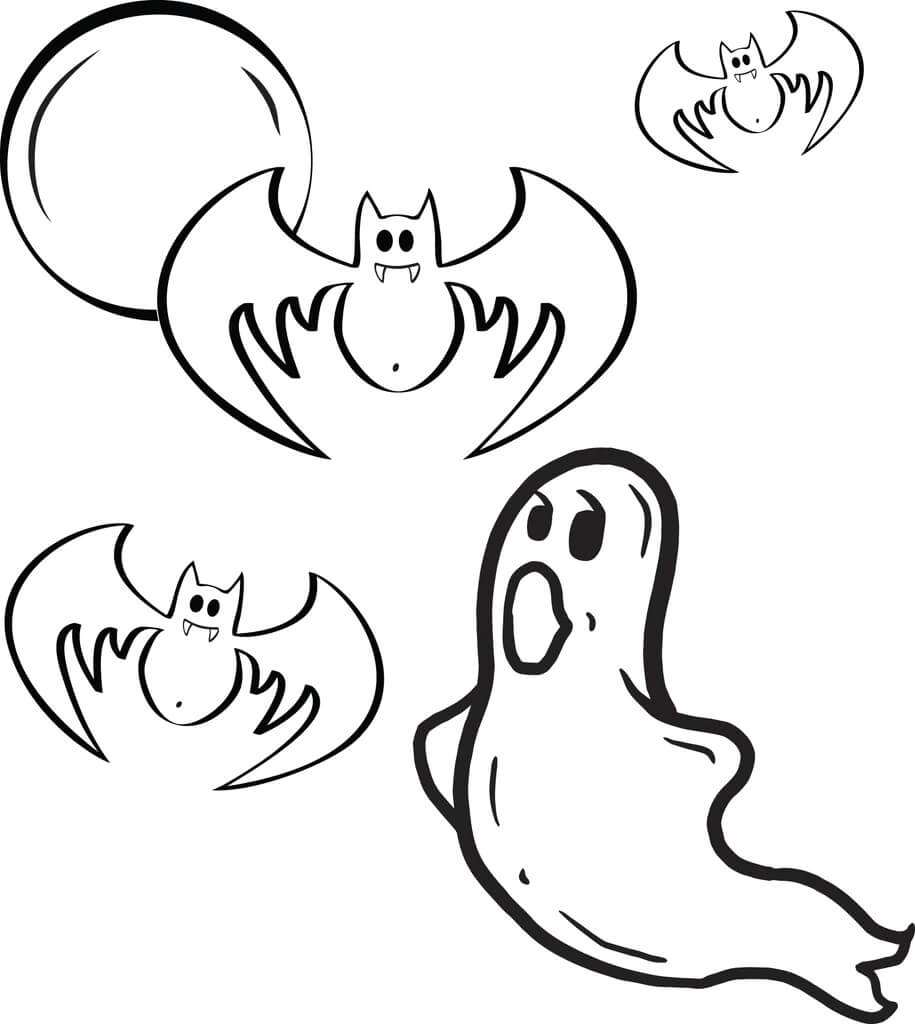 Dibujo de Fantasma Con Tres Murciélagos para Colorear y Imprimir