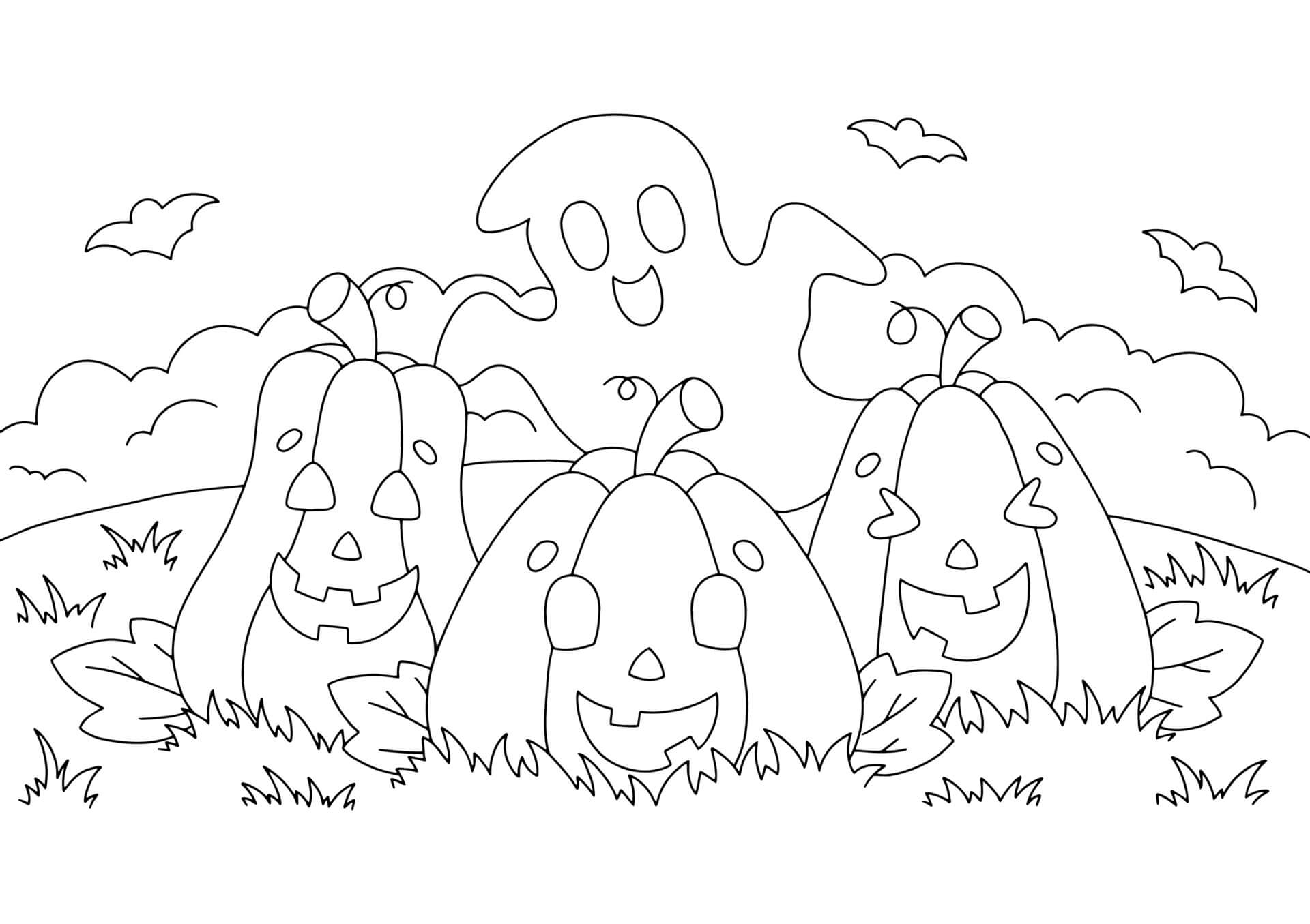 Dibujo de Fantasma de Dibujos Animados y Tres Calabazas para Colorear y Imprimir