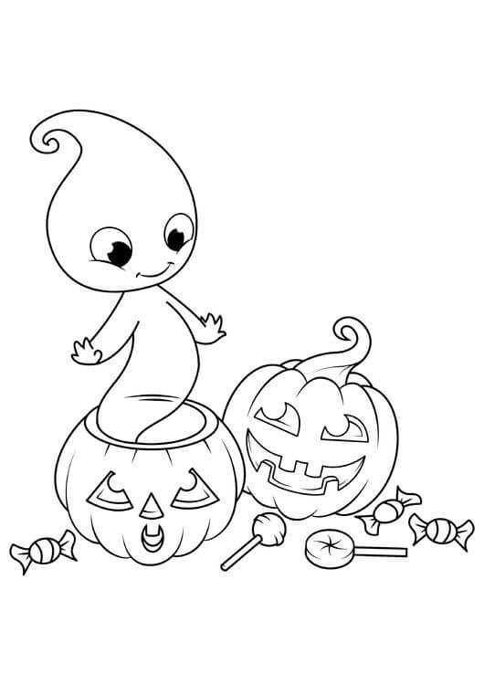 Dibujo de Fantasma Kawaii Con Calabaza y Piruleta para Colorear y Imprimir