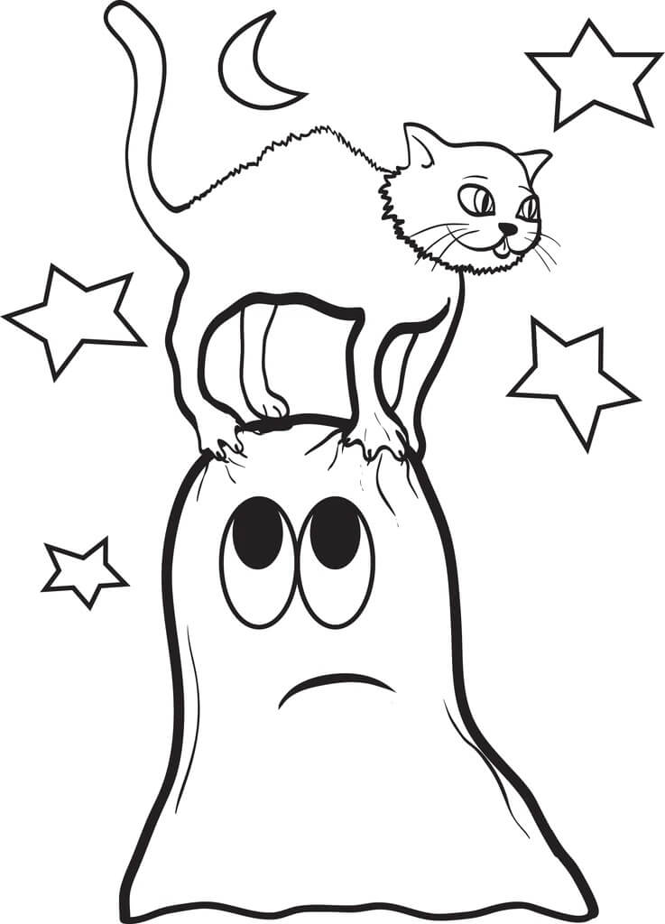 Dibujo de Gato Con Fantasma para Colorear y Imprimir
