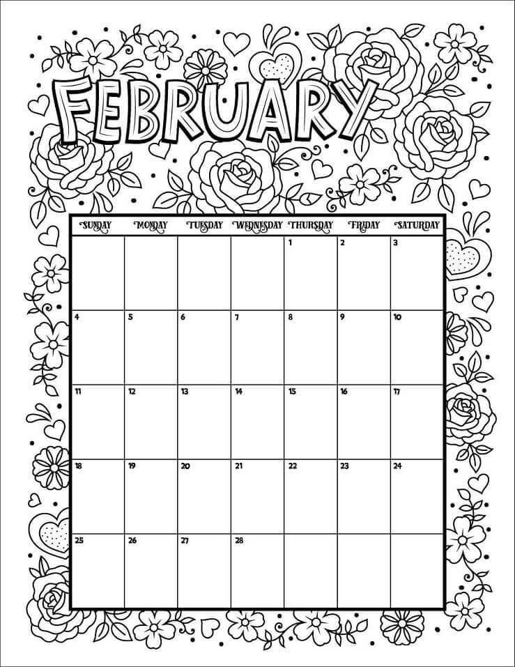 Dibujo de Calendario Febrero para Colorear y Imprimir