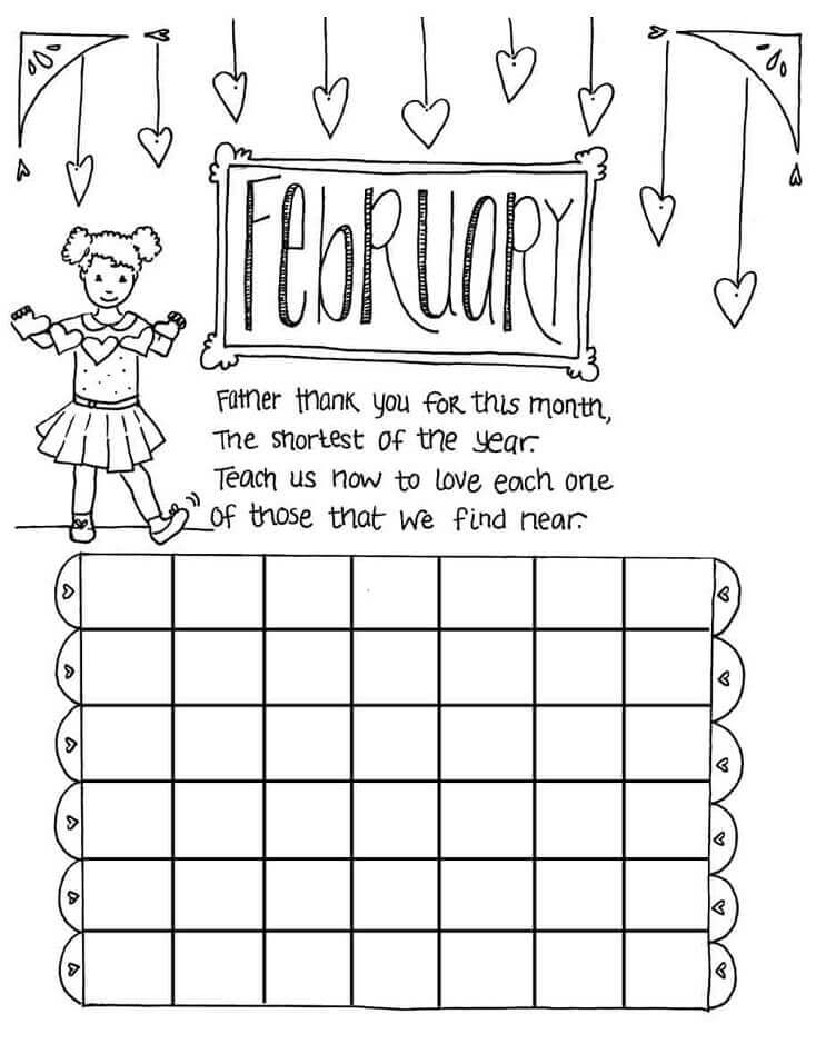 Dibujo de Calendario Infantil Febrero para Colorear y Imprimir