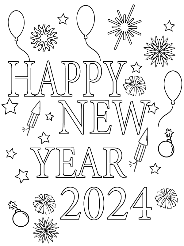 Dibujo de Free Printable New Year 2024 Coloring Page para Colorear y Imprimir