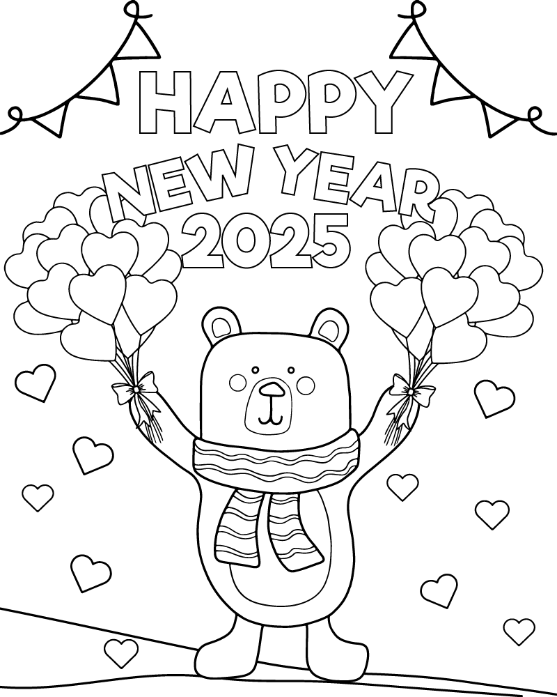 Dibujo de Cute Happy New Year 2025 Coloring Page para Colorear y Imprimir