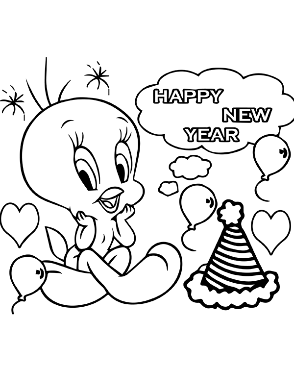 Dibujo de Tweety Bird y ¡Feliz a o Nuevo P Gina para Colorear para Colorear y Imprimir