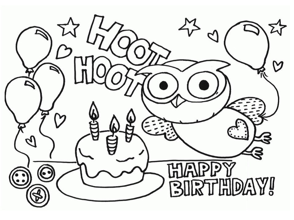 Dibujo de Búho y Pastel de Cumpleaños para Colorear y Imprimir