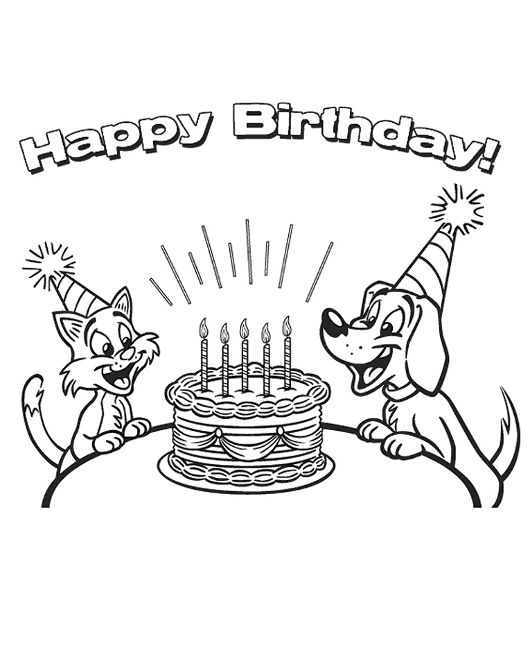 Dibujo de Cumpleaños para Perros y Gatos para Colorear y Imprimir