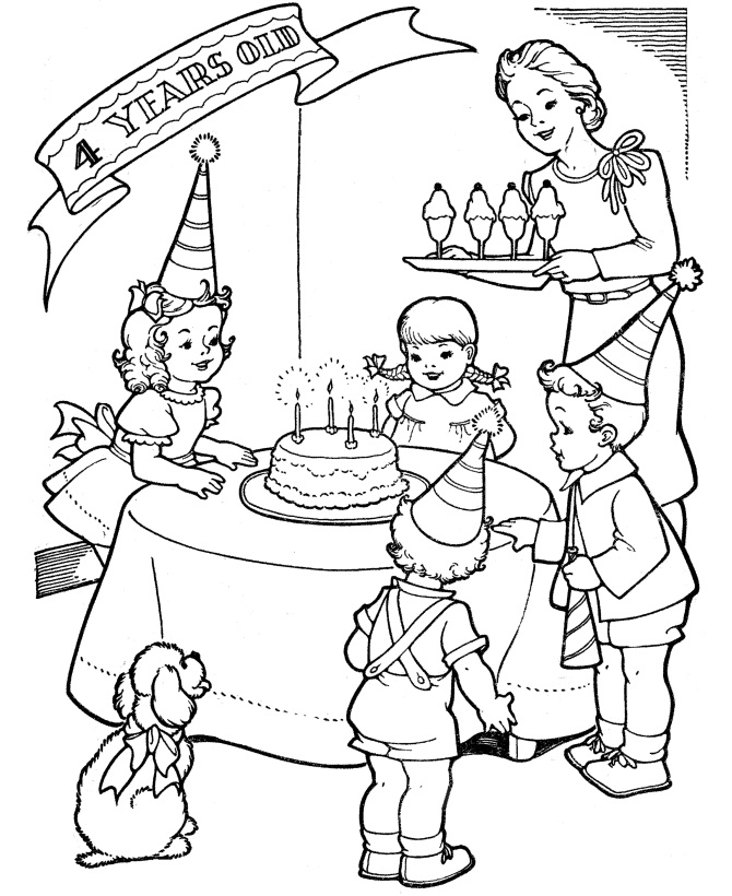 Dibujo de Fiesta de Cumpleaños de 4 Años para Colorear y Imprimir