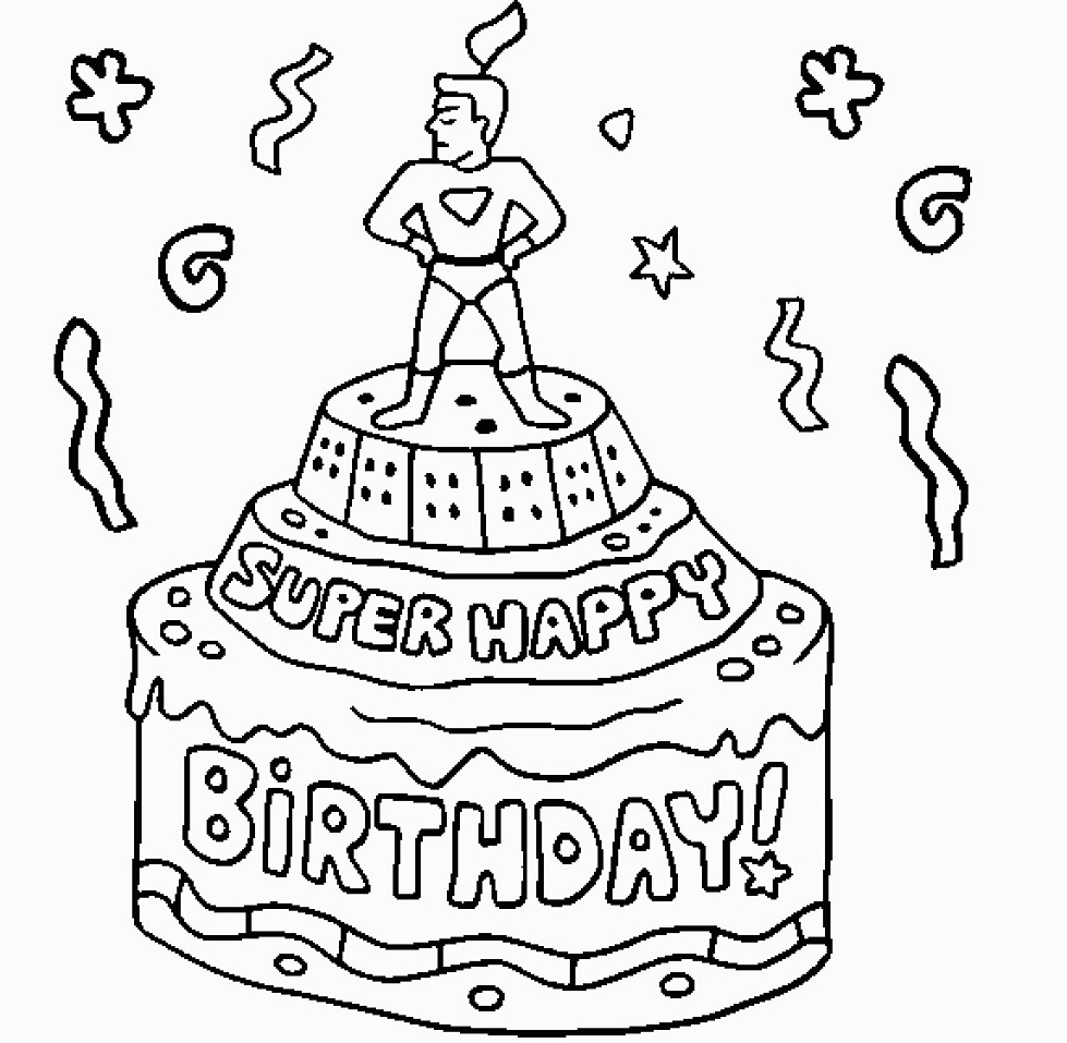 Dibujo de Pastel de Cumpleaños Súper ¡Feliz para Colorear y Imprimir