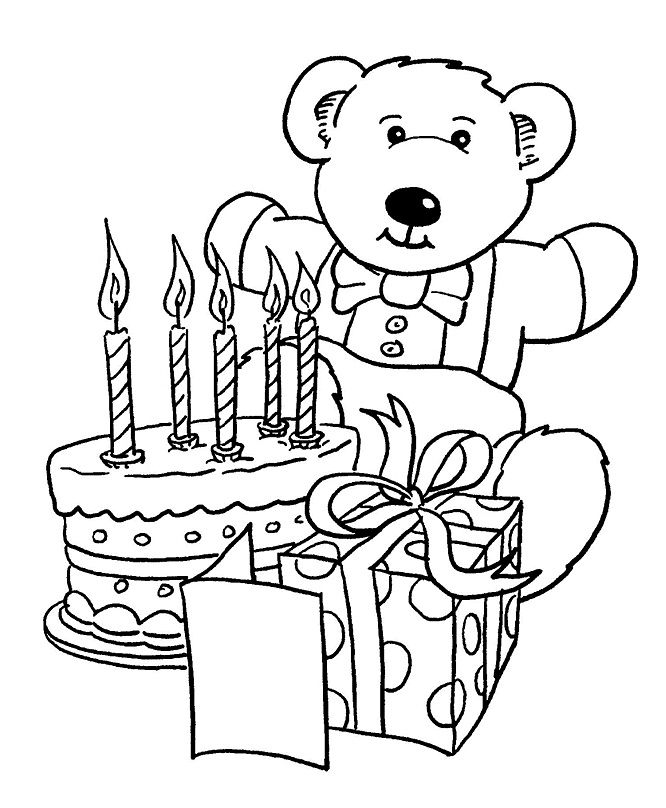 Dibujo de Regalos de Cumpleaños y Osito de Peluche para Colorear y Imprimir