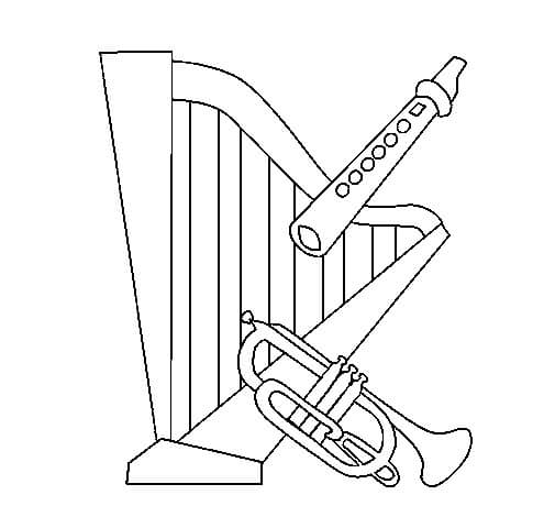 desenho arpa flauta y trompeta para imprimir y colorear