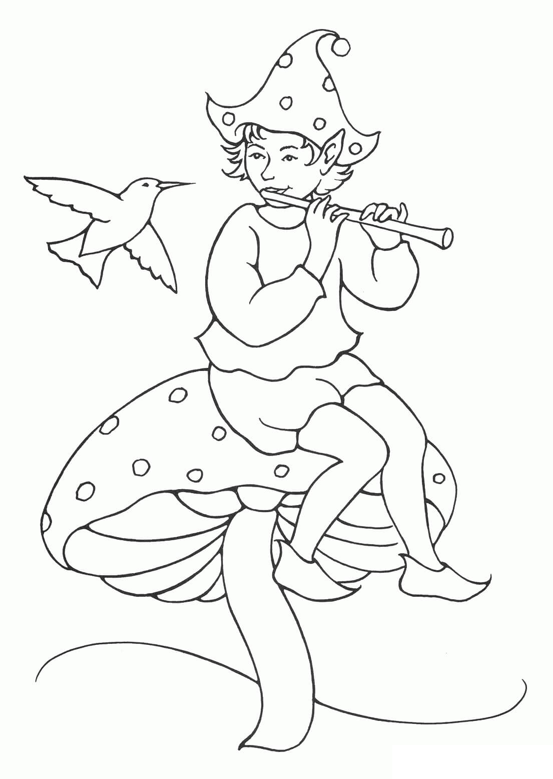 desenho elfo tocando la flauta para imprimir y colorear