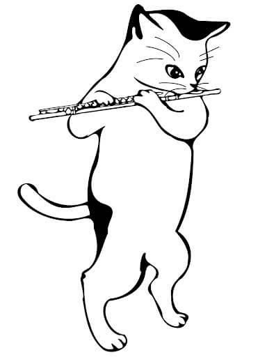 desenho gato tocando la flauta para imprimir y colorear