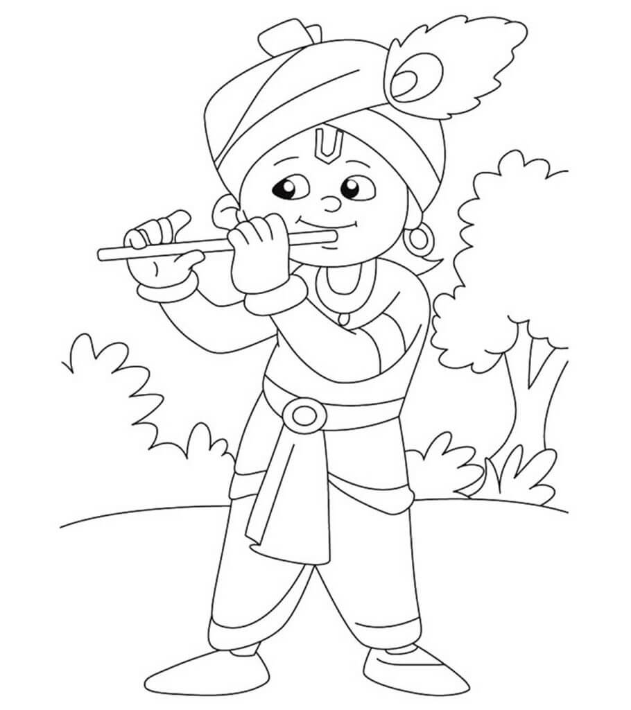 desenho nino de dibujos animados tocando la flauta para imprimir y colorear