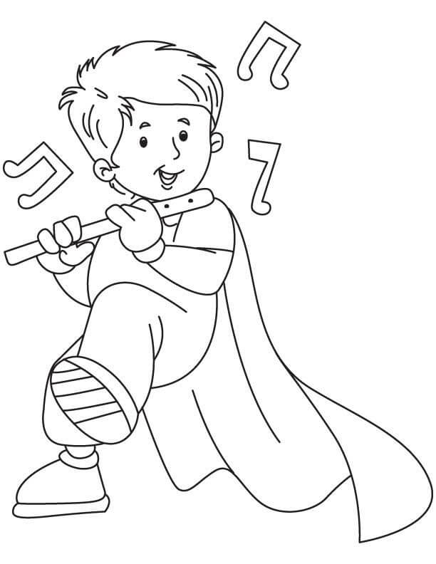 desenho nino tocando la flauta para imprimir y colorear