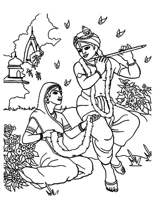 desenho shri krishna janmashtami tocando la flauta para imprimir y colorear