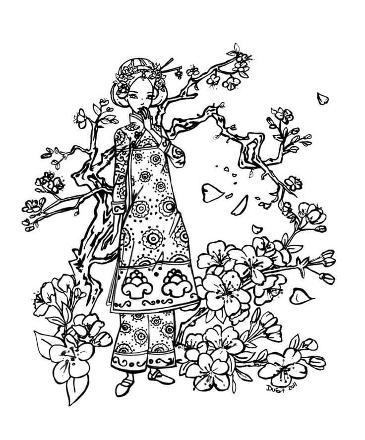 Dibujo de Niña y Flor de Cerezo para Colorear y Imprimir