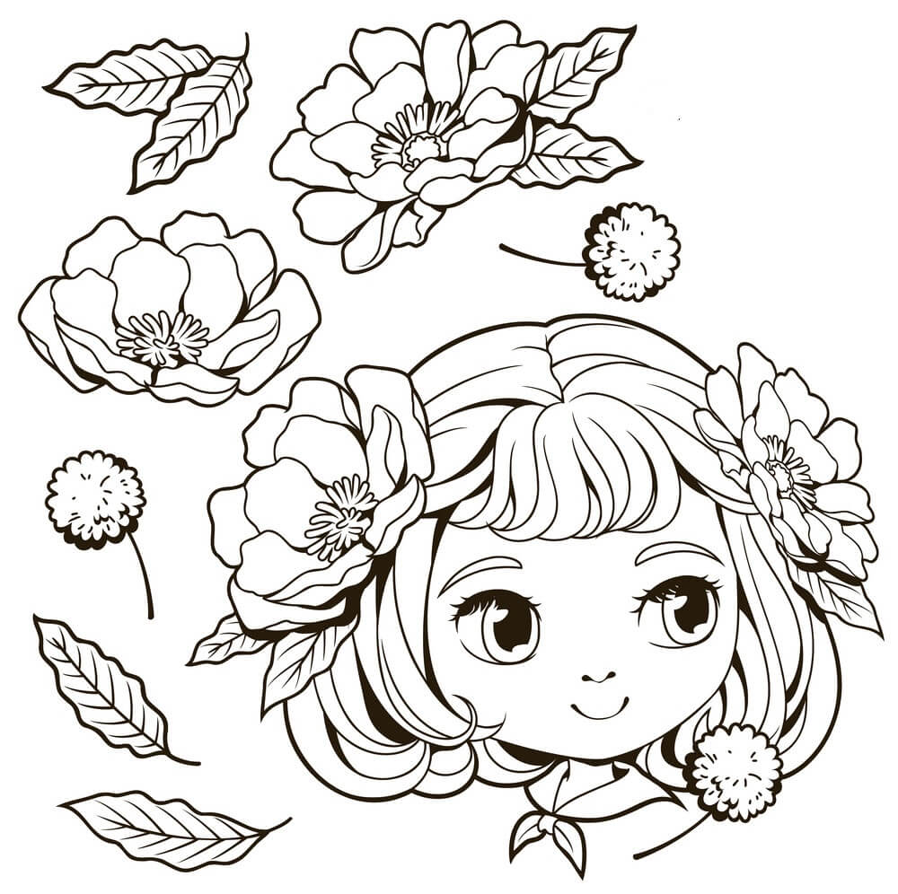 Dibujo de Cara Niña Sonriente y Flor para Colorear y Imprimir