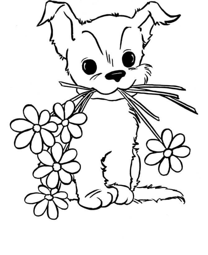 Dibujo de Perro Con Flores En La Boca para Colorear y Imprimir