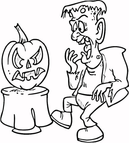 Dibujo de Asustar a Frankenstein Con Calabaza para Colorear y Imprimir