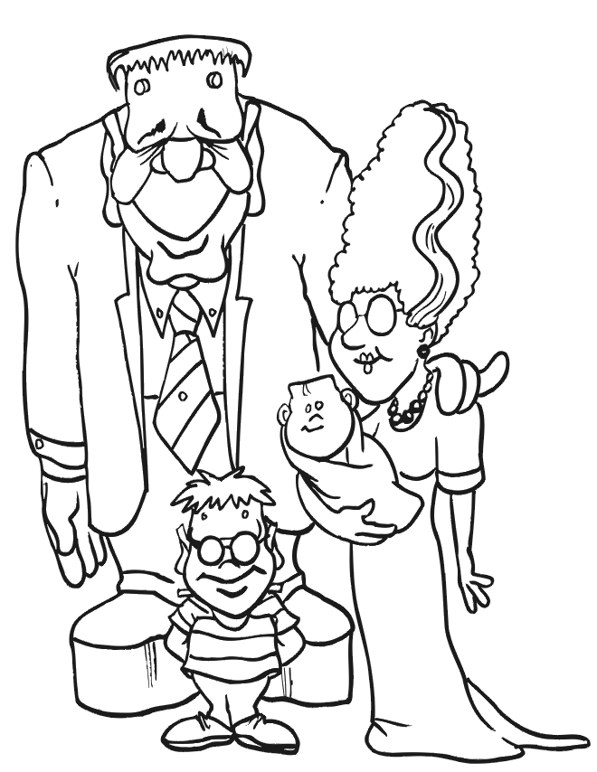 Dibujo de Frankenstein y Familia ¡Feliz para Colorear y Imprimir