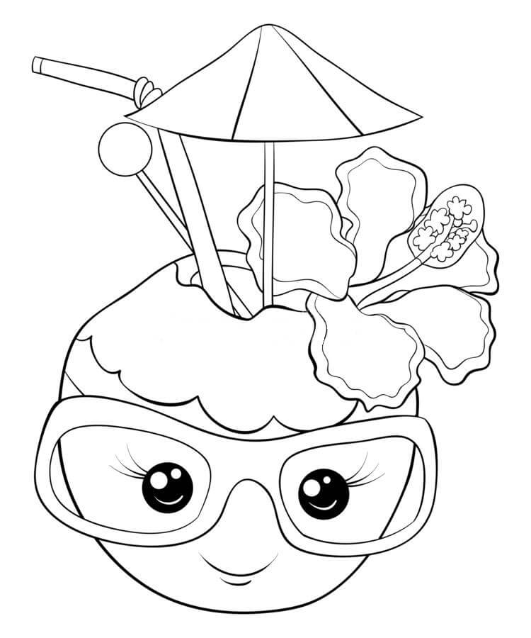 Dibujo de Bebida de Coco Lindo Sonriendo para Colorear y Imprimir