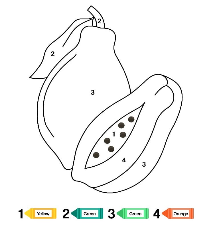 Dibujo de Colorear por Número Fruta Papaya Pagina para Colorear para Colorear y Imprimir