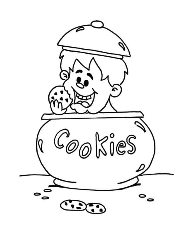 dibujo nino comiendo galleta en tarro de galletas para colorear