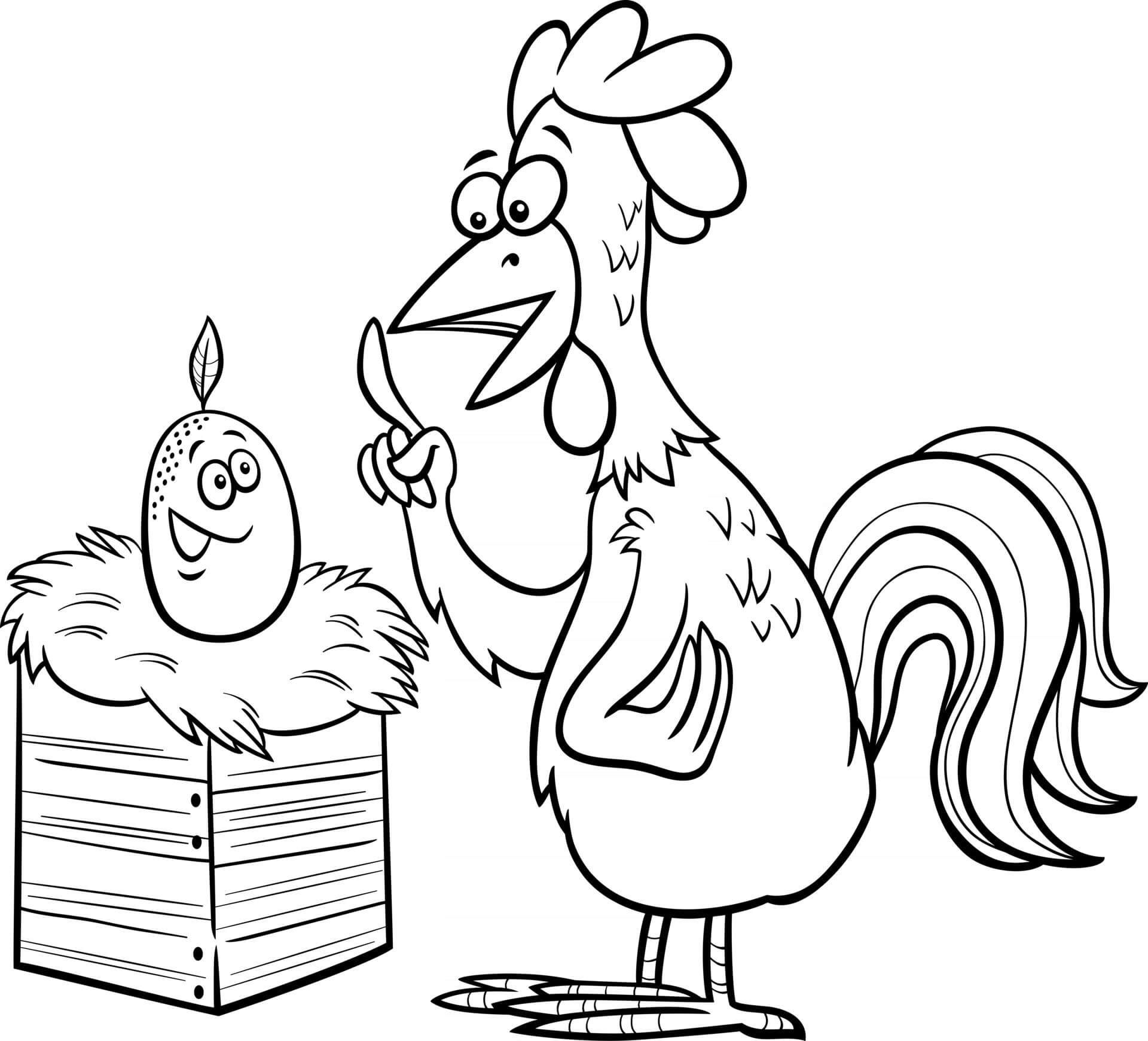 Dibujo de Gallo y Huevo de Dibujos Animados para Colorear y Imprimir