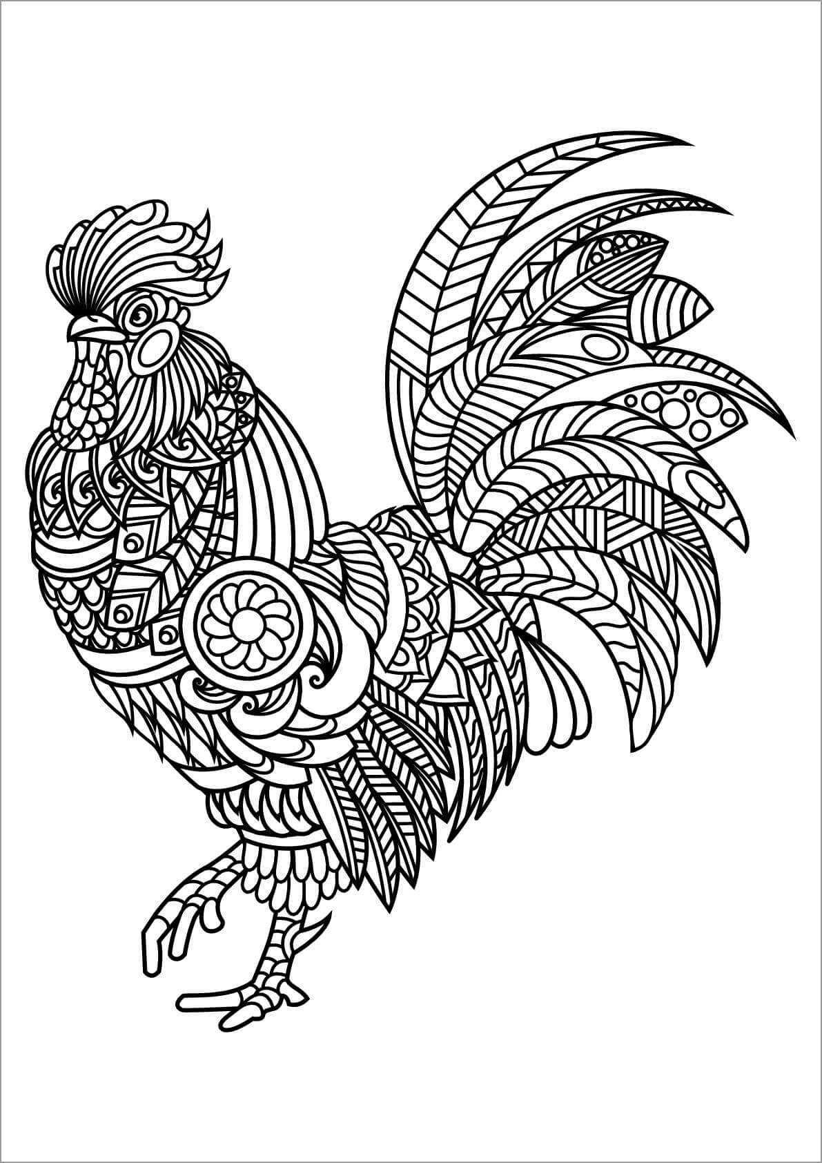 Dibujo de Gallo Zentangle para Colorear y Imprimir